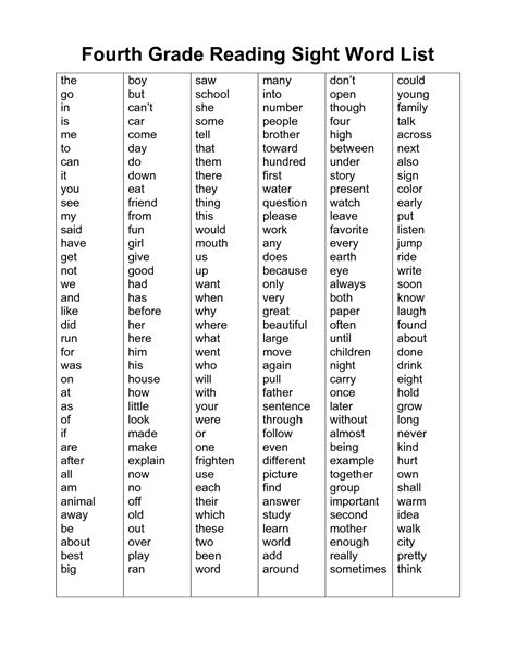 word wall 4th grade reading | Fourth Grade Reading Sight Word List ...