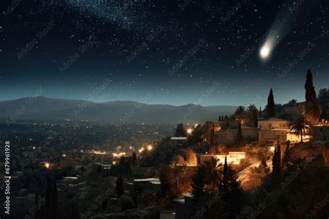 Christmas star over city of Bethlehem. Nativity story. Birth of Jesus Christ. Beautiful dark ...