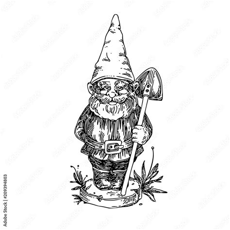 Figure of garden gnome with shovel. Sketch. Engraving style. Vector ...