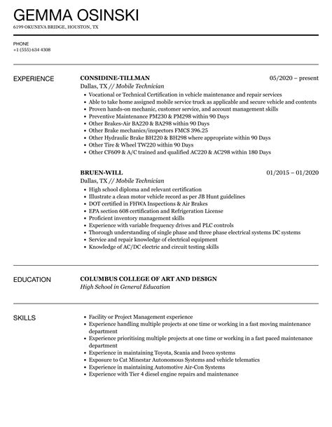 Mobile Technician Resume Samples | Velvet Jobs