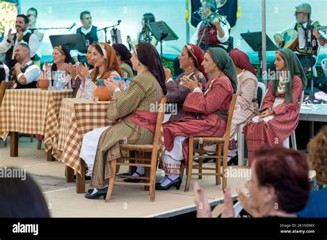 Cypriot people in traditional dress watch performers at the Statos ...