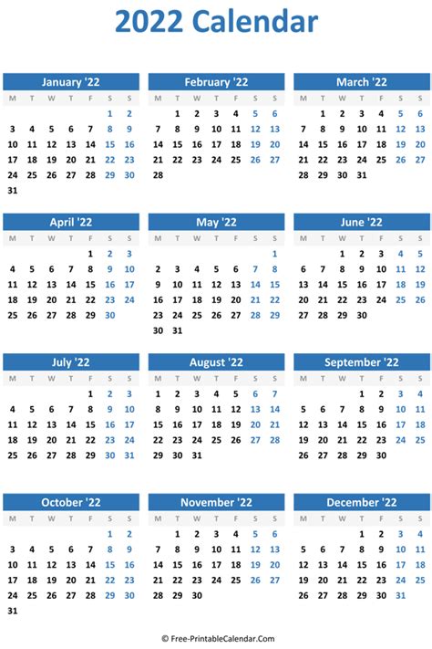 2022 Yearly Calendar in Excel, PDF and Word