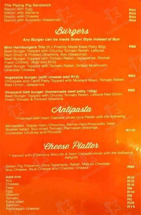 Menu at The Vineyard Deli restaurant, Cape Town, Corner of Tygerbergvalley Road and Mildred Road ...