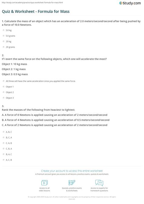 Quiz & Worksheet - Formula for Mass | Study.com