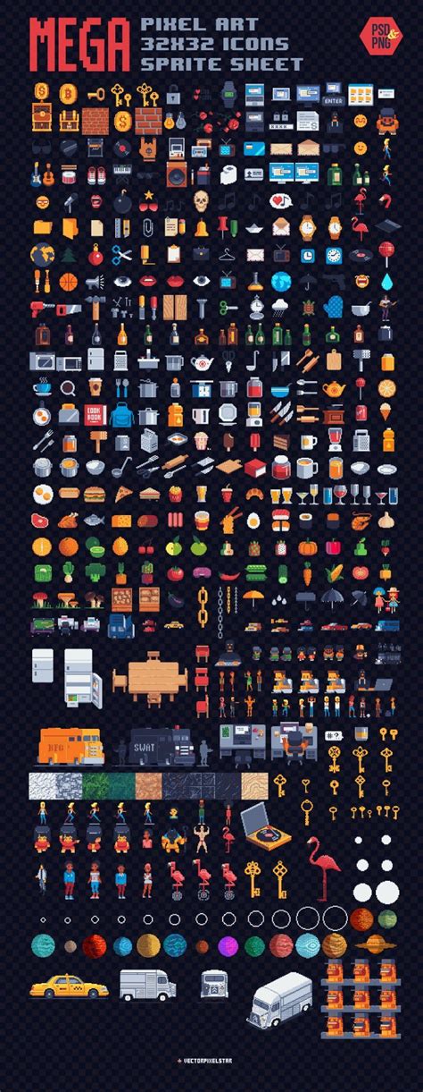 32x32 pixel art - Mega Pixel Art 32x32 px. Icons Sprite Sheet by VECTORPIXELSTAR - CoDesign ...