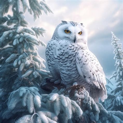 Premium AI Image | A snowy owl sits in a snowy forest.