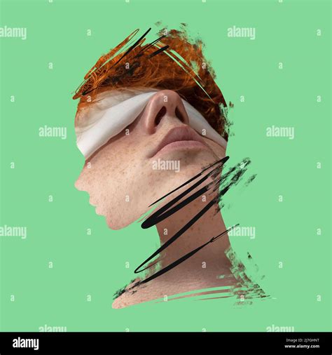 Creative art collage. Young man's face over green background. Poster ...