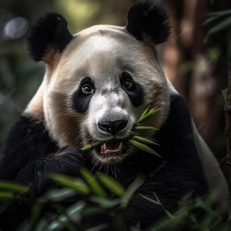 Un oso panda comiendo bambú tranquilamente en un entorno de bosque frondoso creado con ia ...