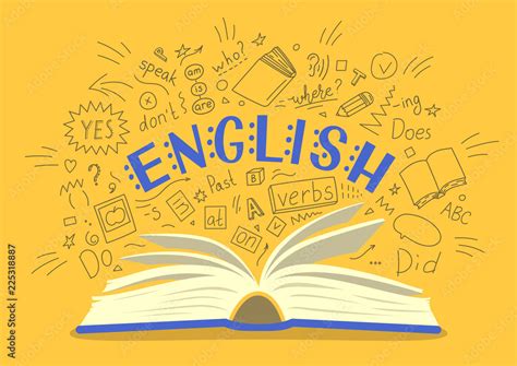 English. Open book with language hand drawn doodles and lettering on ...