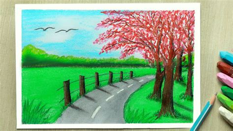 Easy Landscapes to Draw with Oil Pastels || How to draw Easy Natural Scenery || Scenery Drawing ...