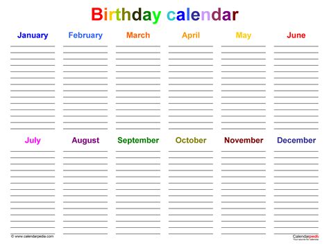 Birthday Calendars - Free Printable PDF templates