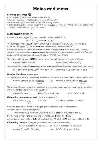 C4.1 Moles and Mass worksheet GCSE AQA Unit C4 Chemical calculations | Teaching Resources