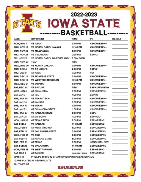 Printable 2022-2023 Iowa State Cyclones Basketball Schedule