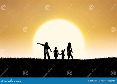 Family Silhouette on Sunset Stock Illustration - Illustration of four ...