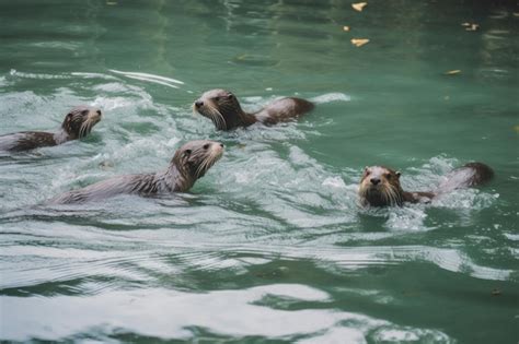 A group of otters swim in a river | Premium AI-generated image