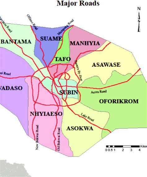 7,2 Map of Kumasi Showing Sub-Metropolitan Areas and Major Roads. | Download Scientific Diagram