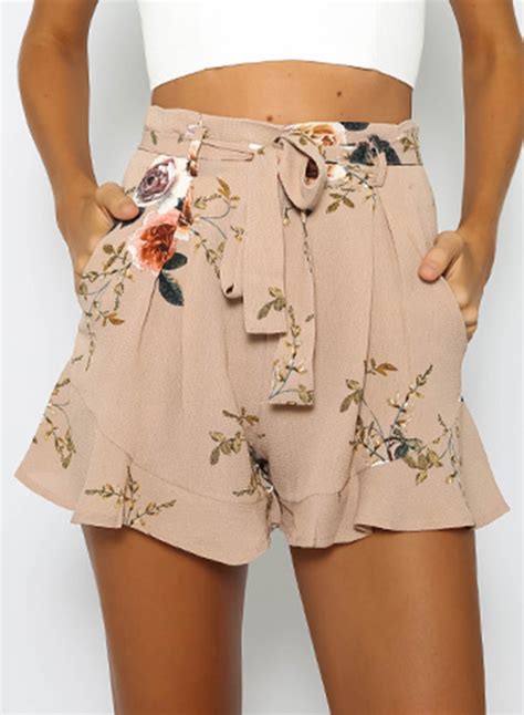 Fashion Women's Floral Printed Ruffle Loose Shorts with Belt - STYLESIMO.com