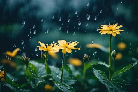 Premium AI Image | Flowers in the rain, the rain drops on the background