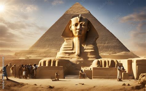 Egyptian pharaoh overseeing the construction of a pyramid, workers and slaves in the background ...