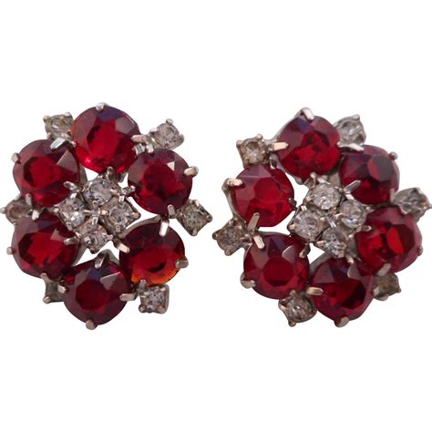 Vintage Ruby Red Rhinestone Clip Earrings from 2hippiechics on Ruby Lane