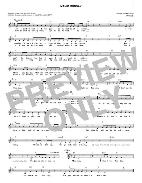 Bangles Manic Monday Sheet Music Notes, Chords | Sheet music, Sheet music notes, Music notes