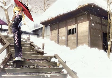 Snow, blonde, anime girl, kimono, winter, HD wallpaper | Peakpx