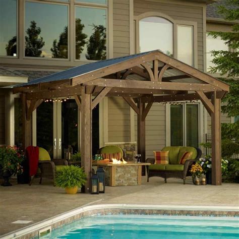 a large tree glass outdoor pergola design ideas wooden metal roof and outdoor Corrugated Metal ...