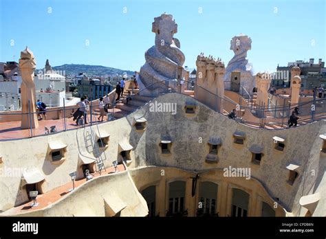 Rooftop chimneys of Casa mila Barcelona or la pedrera by Antonio Stock ...