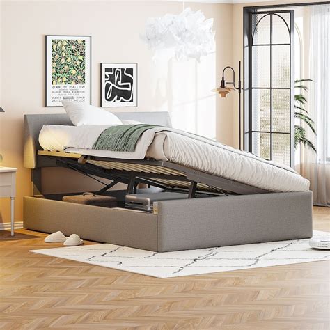 Full Size Sleigh Bed with Side-Tilt Hydraulic Storage System, Linen ...