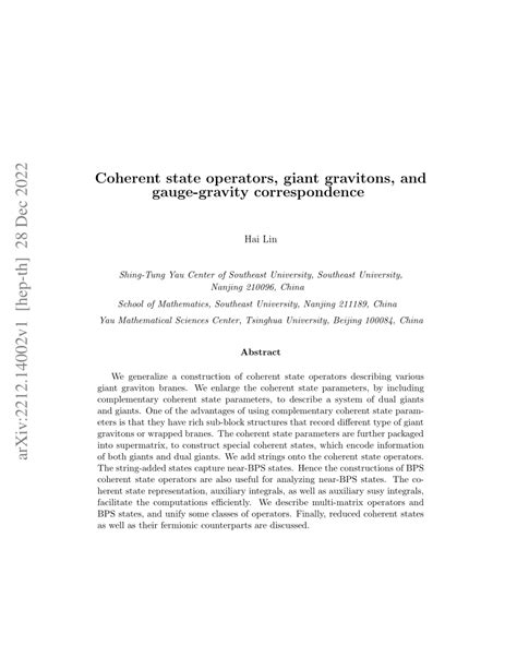 (PDF) Coherent state operators, giant gravitons, and gauge-gravity correspondence