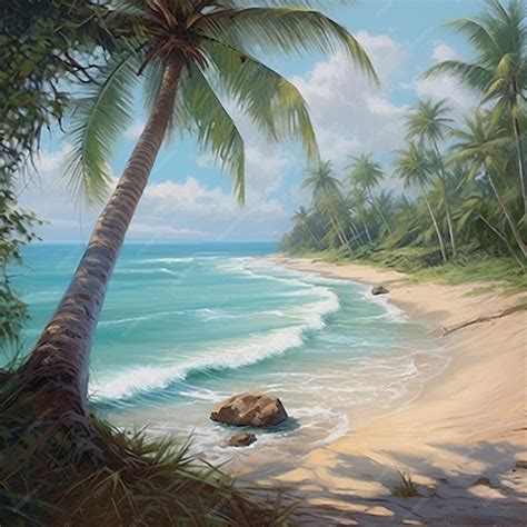 Premium AI Image | a painting of a beach with palm trees and the ocean in the background.