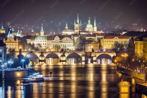 Magical Prague Skyline at Night: Illuminated Castle, Charles Bridge, and Old Town, AI-Generated ...