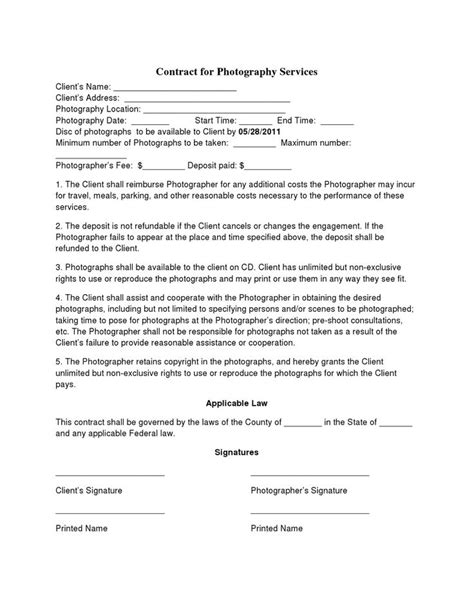 Free Printable Wedding Photography Contract Template Form (GENERIC)