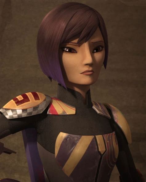 an animated woman with purple hair and armor