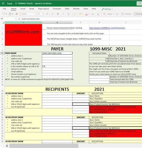 1099-MISC Excel Template for Printing Onto IRS Form 2021 | Etsy