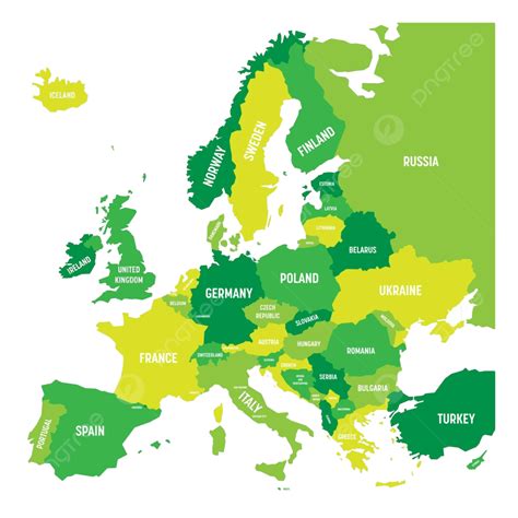 Europe Political Map With Green Shades Country Names And Isolated Vector, Graphic, Flat, Sea PNG ...