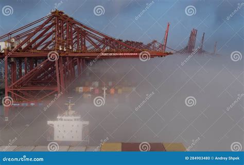 Ningbo Container Terminal in the Fog Stock Photo - Image of waterway ...