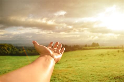 Premium Photo | Hand shows a landscape sunset grass sky rainbow