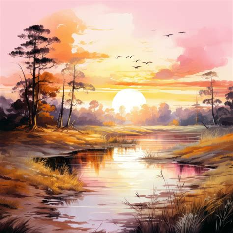 Pink and yellow watercolor sunset landscape 29773330 Stock Photo at ...