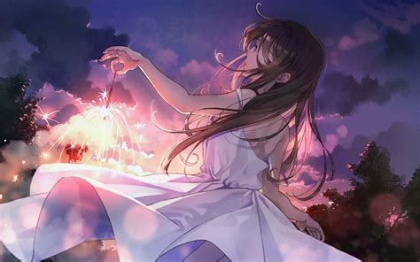 Wallpaper : fireworks, dress, sunset, anime girls, sky, clouds ...