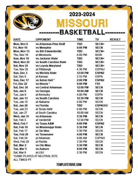 Printable 2023-2024 Missouri Tigers Basketball Schedule