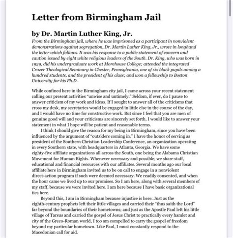 Solved MLK letter from Birmingham jail. 2-3 sentence summary | Chegg.com