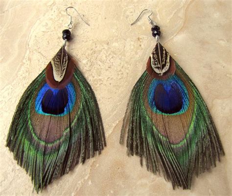 Peacock Feather Earrings Beaded Feather Earrings Peacock | Etsy