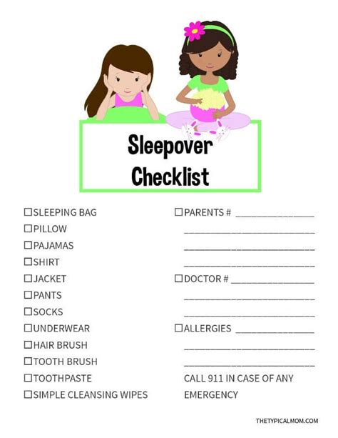 Printable Sleepover Checklist PDF - Checklist for a Sleepover