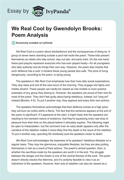 We Real Cool by Gwendolyn Brooks: Poem Analysis - 565 Words | Essay Example