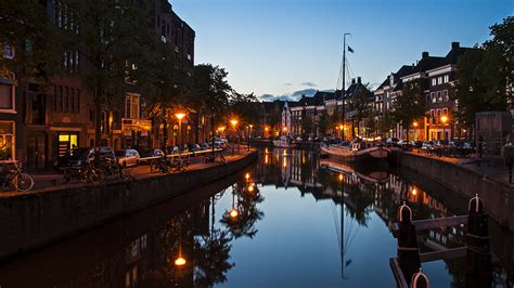 Wallpaper Groningen Netherlands Canal Night Cities 1920x1080