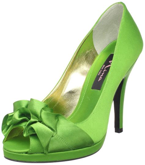 lime green high heels with a bow on the front and heel, all in satin fabric