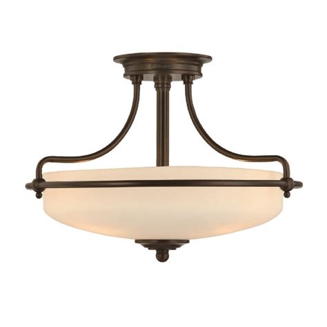 Classic Art Deco Semi-flush Low Ceiling Light, Bronze with Opal Shade