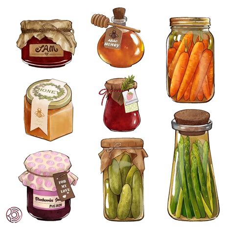 several jars filled with different types of vegetables and jams on top of each other
