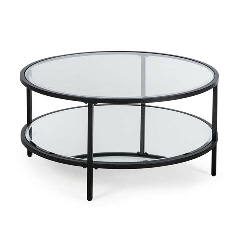 Contemporary Glam Metal Glass Modern Round Black Coffee Table w/ Shelf Furniture - Tables